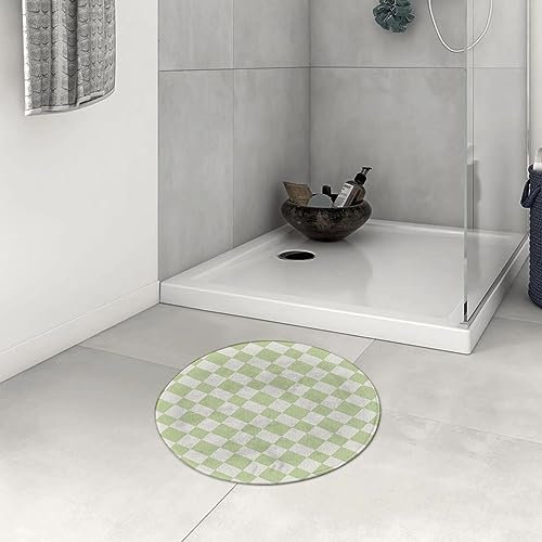 DHAEY round shower mat 23.6 Inch, Geometric Retro Big s Checked Pattern in Colors Monochrome Tile.Lime Green,Non-Slip and flannel Floor Carpet Circle Bath Mat for Tub,Shower,Bathroom,Living Room