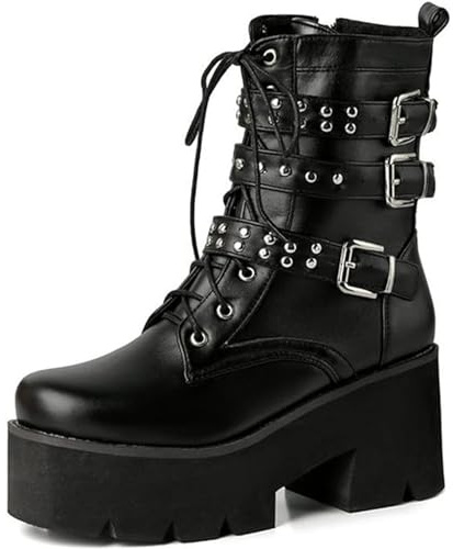 EXECAB Damen-Stiefeletten zum Schnüren, Gothic-Punk-Stil, Nieten, Knöchelriemen, Metallschnalle, Plateau, Blockabsatz, Biker-Stiefeletten,Schwarz,37 EU