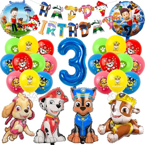 Paw Luftballon Geburtstag Deko 3 Jahre Jungen Mädchen -Hund Patrol Geburtstagsdeko 3 Jahr Skye Marshall Chase Rubble Ballon Deko 3. Geburtstag Happy Birthday Girlande für Kindergeburtstag Party Deko