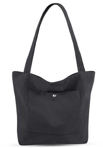Große Cord-Handtasche für Damen, mit Reißverschluss und Taschen für Arbeit, Reisen, Einkaufen., Schwarz , inch