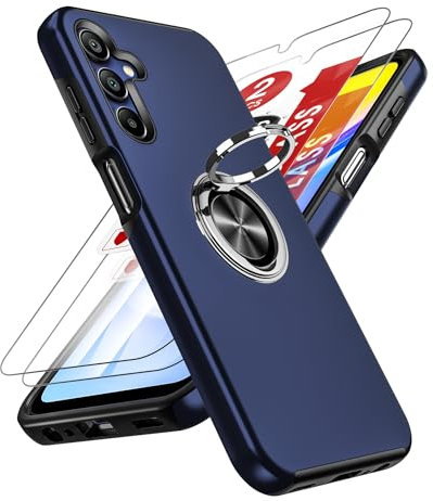 LeYi Handyhülle für Samsung Galaxy A15 4G/5G Hülle mit 2 Schutzfolie, TPU+PC Militärschutz Hybrid Schutzhülle mit 360 Grad Drehbar Metall Ring Ständer Stoßfest Anti-Kratzer A 15 Case Cover Blau