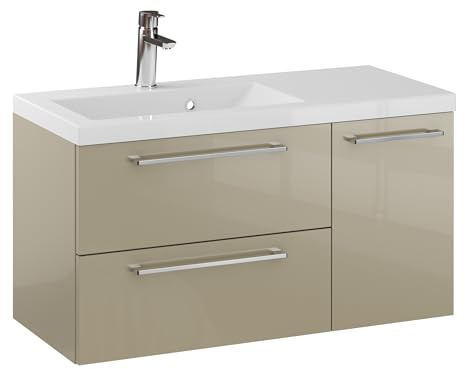 Furni Rosen 90 cm Hängend Waschbecken mit Unterschrank und Stilvollen und Chromgriffen Waschbeckenunterschrank Badezimmer Waschtisch mit Unterschrank Waschtischunterschrank