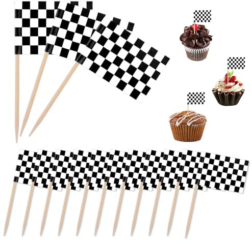 Grevosea 96 Piezas Banderas de Palillos de Dientes a Cuadros en Blanco y Negro Bandera de Carreras a Cuadros Palillos para Magdalenas Decoraciones para Pasteles para Fiestas Bar Eventos Deportivos