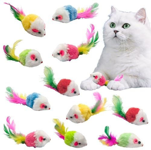 Andiker 12Pcs Cat Mouse Toy for Indoor Cats, 3.93'' Colorful Cat Mice Toy with Feather Realistic Mice Toys for Cat Cute Cat Plush Mouse Toy for Cat to Catch Play Interactive Cat Toy (Random Color)