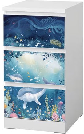Sunnywall® Möbelfolie passend für IKEA Malm Kommode Schrankfolie Aufkleber mit Meereswelt Motiv | blasenfrei verkleben | Kinderzimmer 3er 40 cm