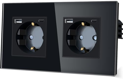 TAWOIA Schuko Steckdose mit USB Type C (MAX 20W) Schnelllade Schnittstelle,EU-Standard 2 Fach Steckdosen mit Kristall Glas Platte Doppel Wandsteckdosen Schwarz 86 * 157mm