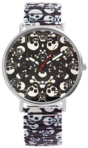 Donna Kelly Design Damen Armband Uhr Mehrfarbig Schwarz Weiß Totenkopf Muster Stretch Edelstahl Zugband 91700048015
