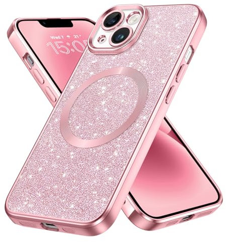 GaoBao for iPhone 14 Plus Case Magnetic, Slim iPhone 14 Plus Phone Case [Compatible with MagSafe] Sparkle Luxury Shockproof Anti-Slip Women Girl Bling Phone Cover for iPhone 14 Plus 6.7, Glitter/Pink