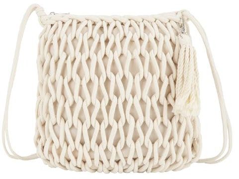 Aisi Borsa a tracolla da donna lavorata a maglia cava fuori borsa estiva in corda di cotone borsa da spiaggia delicata borsa a tracolla a rete, bianco, Taglia unica