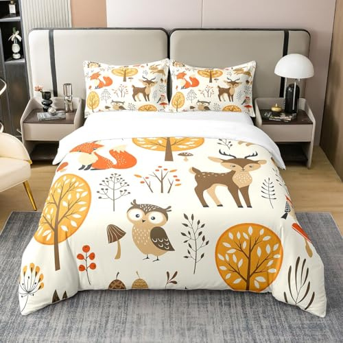 Homemissing Bettwäsche-Set für Tiere, Hirsch, Bettbezug, 140 x 200 cm, 100 % Baumwolle, bedruckt, Fuchs, Bettwäsche für Kinder, niedlich, Wald, Tiere, Bettwäsche, Eulen, Kaninchen, Bettwäsche für