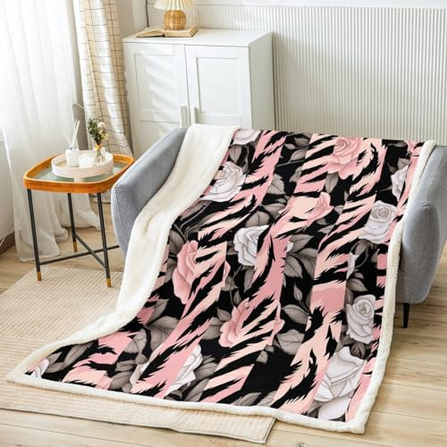 Loussiesd Tiger Streifen Decke 150x200cm Böhmische Blumen Flanell Fleecedecke für Kinder Jungen Mädchen Tier Haut Patchwork Decke für Sofa Kuscheldecke Rose Floral Wohndecke