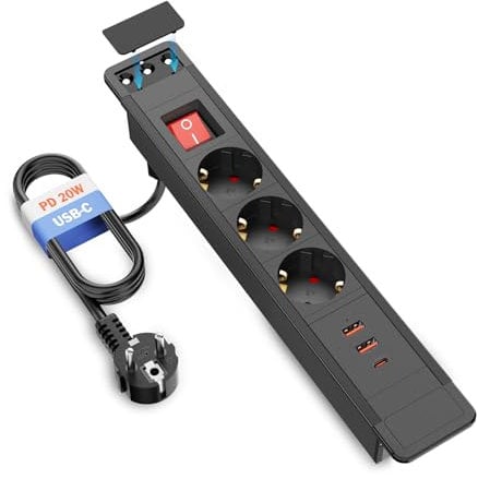 THOWALL Einbau Steckdosenleiste mit USB C PD 20W, Einbausteckdose USB Tischsteckdose 3 Fach mit Schalter 2M Kabel, Schwarz