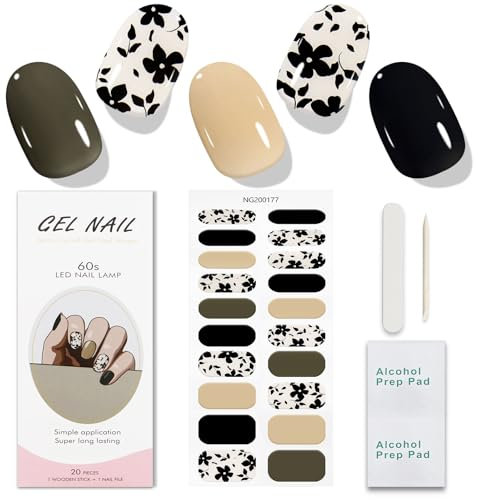 JMEOWIO Gel Nail Stickers Black Flower Coffee Semi Cured Gel Nail Strips Wraps UV/LED Nail Supplies Nail Art Design Decoration Accessories
