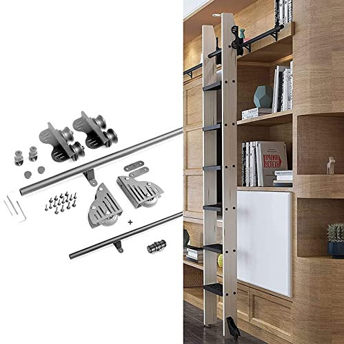 ZJFJMBD Kit Hardware per Scala Scorrevole, Scala Scorrevole Retrattile Binario di Estensione per libreria Hardware/Binario Tondo per Interni/Loft - Kit di Accessori per Biblioteca