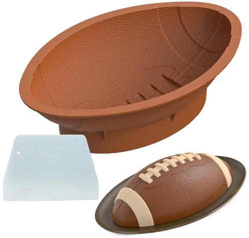 Football Cake Pan with Scraper - 12 Inch Nonstick Football Shaped Silicone Mold for Baking, 3D Breakable Chocolate Mold, Sports-Themed Party