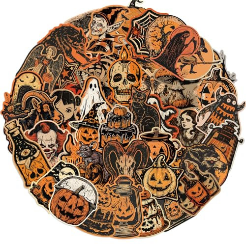 50Pcs Retro Halloween Stickers Laptop Car Scrapbook Phone Skateboard Suitcase Luggage Bike Cute Halloween Vinyl Waterproof Aesthetic Personalised Stickers for Teens Boys Girls Adults
