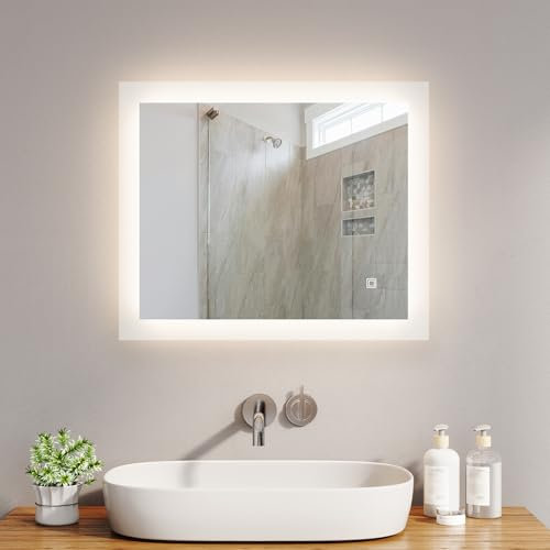 LOMIKEN Spiegel mit Beleuchtung, 60x50x3,5cm Badspiegel mit Licht, Badezimmer LED-Spiegel mit 3 Farben dimmbar, Stufenlos dimmbar, Touch-Schalter