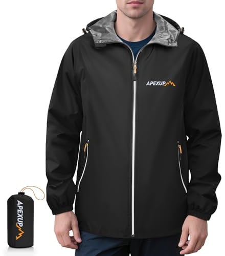 APEXUP Packable Rain Jacket Men with Reflective Zipper, Lightweight Waterproof Jacket Windbreaker Hooded Raincoat, Mens Rain Jackets for Outdoor, Running, Hiking, Travel, Cycling (Black, L)