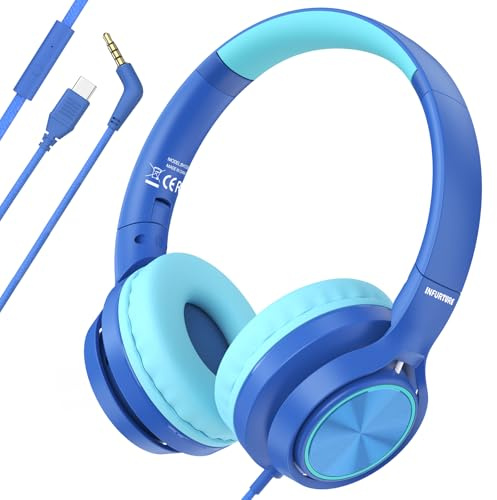 INFURTURE Kids Headphones USB C Headphone wired with Mic for Boys Girls, Line Control,Volume Limit 94dB, On Ear Headphones for School, Travel, for Cellphones, Tablets, PC, Kindle(CH5 USB C/3.5mm)