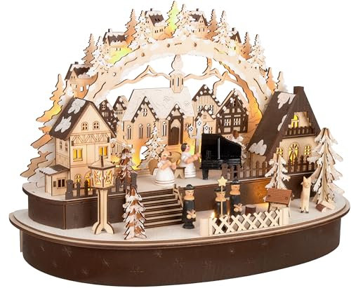 BRUBAKER Arc de Lumière 3D - Le Grand Concert au Village de Noël - Illuminations LED en Bois Naturel - 31 x 45 x 22 cm - Peint à la Main - Décoration pour Table & Appui de Fenêtre
