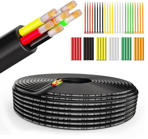 Wirelume 18AWG 6x0.75 mm² Fil électrique 6 conducteurs 5V/12V/24V Câble d'alimentation en PVC toronné 50FT/15M Câble en cuivre étamé basse tension Gaine ronde Câble mince