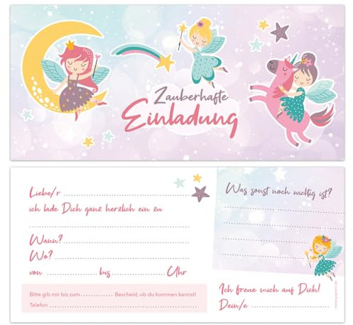 paperii Einladungskarte 10er Set Einhorn-Prinzessin Prinzessinnen & Feen Einladungskarten Glitzer Glitzerlack Einhornparty Prinzessinnenparty Kita Kindergarten (10 Karten OHNE Umschläge)