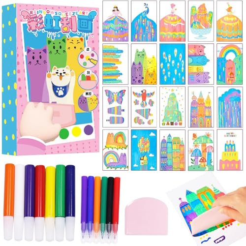 35 Stück Regenbogen-Kratzkunst Set, DIY Kratzkunst für Kinder, 20 Kratzbilder für Kinder, mit 7 Farben, 6 Aquarellstifte mit 1 Schablonen, Jungen Mädchen Kratzpapier Set zum Zeichnen und Basteln