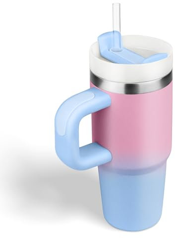 14oz Tumbler mit Griff und Stroh, Thermobecher mit Strohhalm Verlauf Kid Tumbler mit Deckel und Stroh, 304 Edelstahl Kind Tumbler, Schule Sport im Freien Farbverlauf Pulver bis Blau