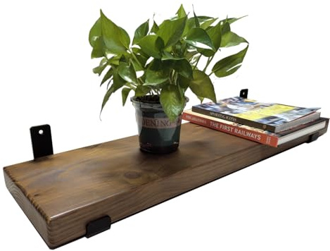 Handcrafted Rustic Heavy Duty Wooden Shelves Wall-Mounted Floating Shelves with Seated Black L Brackets-Dark Brown(60x22.5x4.5cm,Rustic Pine)