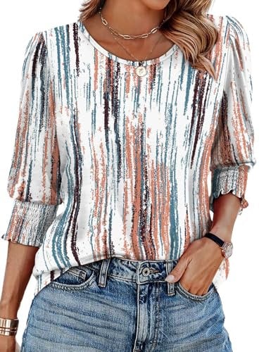 Aokosor Womens Tops 3/4 Sleeve T Shirts for Women UK Crew Neck Tunic Womens Blouses Ladies Tops Size 14-16 White tie dye