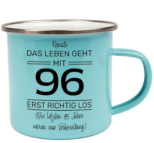 Kiddle-Design Personalisierte Tasse 96. Geburtstag | Das Leben fängt mit 96 erst richtig an | 96ter Geburtstag Lustiges Geschenk Mann Frau | Emaille Tasse Blau