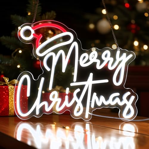 Lxmoneon Merry Christmas Neon Sign,Xmas Hat Neon Sign,Dimmable White Letter Led Neon Light,USB Neon Light Sign for Christmas Party Bedroom Home Bar Club Shop Door Window Gift