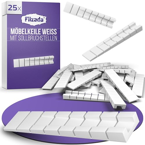 Filzada® 25x Möbelkeile Weiß 100x20x8mm - Unterlegkeile Möbel Kunststoff | Ausgleichskeile mit Sollbruchstellen - Kunststoffkeile zum Justieren schiefer Möbel & Schränke Abstufung 2-8mm - Plastikkeile