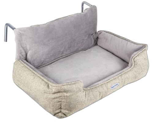 Happi N Pets Katzenbett für Heizung, warmes und stabiles Sitzteil für große Katzen mit waschbarer Plüschbezug, verstellbaren Metallhaken, bequemer Hängematte, Beige