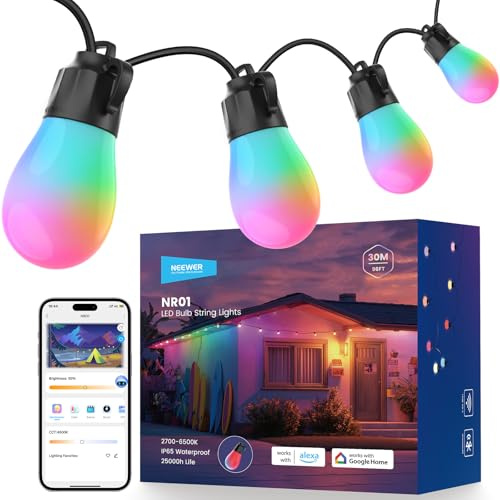 NEEWER NR01 96ft Outdoor String Lights, App Control Smart AI RGBW Lighting | Outside Warm White Patio Balcony Backyard Hanging Light, IP65, 30 LED Bulbs, 50+ Scenes, Compatible with Alexa Google