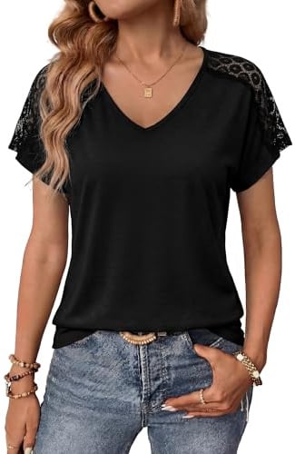 Aottori T-Shirt Donna Manica Corta con Pizzo Scollo a V Estiva | Maglietta Elegante, Basic Top, Elasticizzato, Sexy, Tinta Unita, Stile Casual per Tempo Libero