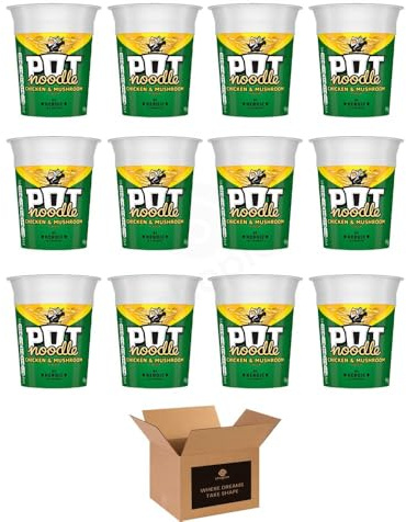 Instant Pot Noodles | Beef & Tomato, Chicken & Mushroom, Original Curry & Bombay Bad Boy | Quick & Easy Ready Meal Snack Pots | Cup Noodles Variety - 90g (Case of 12, Chicken & Mushroom 90g)