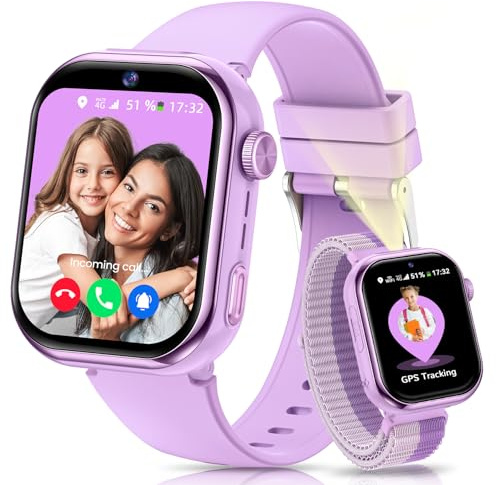 Smartwatch Kinder mit GPS und Telefon, Kinderuhr mit Videoanruf Voice Chat, Zwei-Perspektiven, SOS, Schulmodus, SMS, Taschenlampe, Schrittzähler, Wecker IP68 Kinder Smartwatch für Mädchen Jungen, Lila