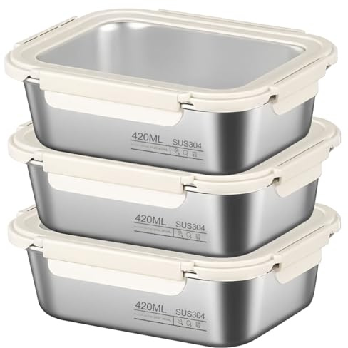 CECOMBINE 3Pack Stainless Steel Food Storage Containers With Lids, Airtight Metal Food Container, Stackable Meal Prep Containers, Leakproof Metal Lunch Box for School Office (420, Millilitres)