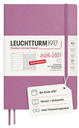 LEUCHTTURM1917 Wochenkalender 2027 A5 mit Notizbuch, liniert - Terminplaner Deutsch, 18 Monate Juli 2026 - Dezember 2027, Dusty Rose, Softcover, 210 x 145 mm, Wochenübersicht links + Notizseite rechts