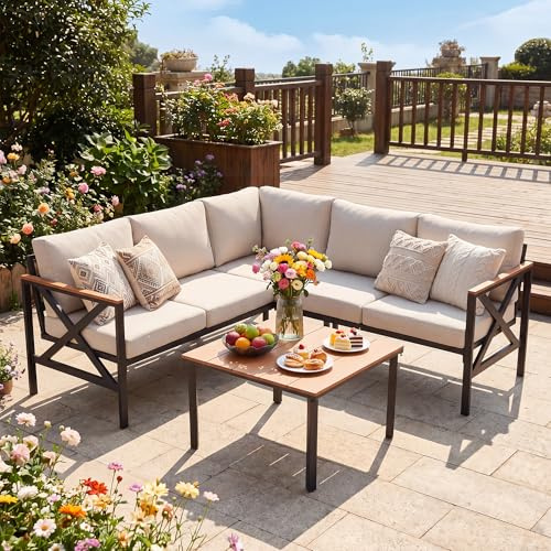 eslohnt Metal Gartenmöbel Set,6-Teiliges,L-Form Outdoor Sofa mit Couchtisch und 10cm Olefin-Schaumstoffkissen,Wetterfest Lounge für Garten,Terrasse,Pool,Unterhaltungssets bis 6 Personen,Beige