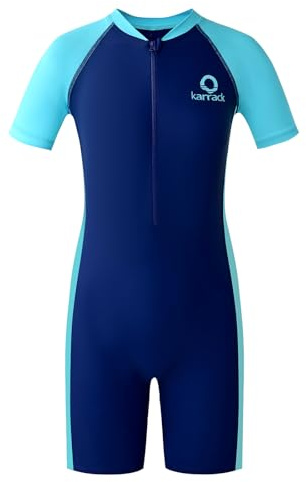 karrack Girls and Boys One Piece Rash Guard Swimsuit Kid Water Sport Short Swimsuit UPF 50+ Sun Protection Bathing Suits Blue (Size 8-10Years)