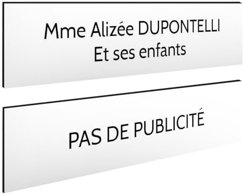 DECOHO - Plaque Boite aux Lettres Personnalisable - Lot de 2 plaques adhésives en Plastique Blanc Noir - Format 100x25 mm, Gravure Laser,
