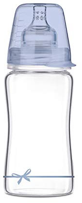 LOVI Anti-Colic Babyflasche aus Glas 250 ml, mit dynamischem Sauger 3+ Monate, Milchflasche für die Kombination mit dem Stillen, Baby Trinkflasche mit Bodenventil gegen Koliken, Baby Shower Boy