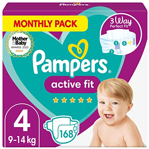 Pampers Babywindeln, Größe 4, 9–14 kg, aktive Passform, 168 Windeln, Monatssparpackung, Verwöhner, vertrauenswürdige Passform und Komfort für Ihr wildes Kind