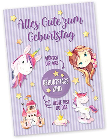 Papierdrachen Postkarte mit Button | Alles Gute zum Geburtstag zum Verschicken und Verschenken | Design Einhorn & Prinzessin | 35mm Button bedruckt mit Geburtstagskind