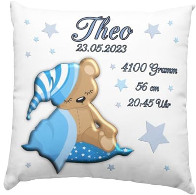 Baby Geschenk Kissen mit Namen und Geburtsdaten - Geburt Junge oder Mädchen Geburtsgeschenk Babykissen -personalisierte Babygeschenke -taufgeschenk von Taufpaten - neugeborenen Teddybär Blau