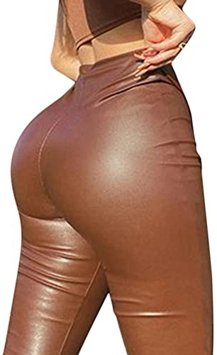 ORANDESIGNE Leggings Ecopelle Donna Sexy Vita Alta Pantaloni in Pelle Push up Collant PU Similpelle Leggins Coated Slim Treggins Basic Leather Pants