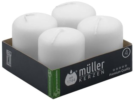 Müller Stumpenkerzen - Set mit 4 Säulenkerzen - Farbe Weiß - 48 x 62 mm - Lange Brenndauer: 10 stunden - Tropffrei Wachskerzen, Ohne Duft - RAL Qualität