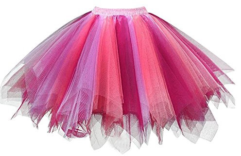 Girstunm Damen Tutu Tüllrock 50er Vintage Tüllrock Petticoat Mehrfarbig Bubble Tanzkleid Rock Unterrock Tütü Kurz Ballett Koralle Fuchsie X-Large